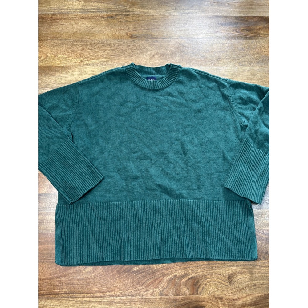 Gap Forest Green Cotton Oversized Crewneck Sweater XL Wide Rib Side Slit Boxy